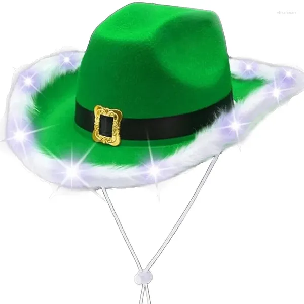 Berets Natal Light Up Cowboy Hat Western Furry Brim Verde Cor LED Santa Ajustável Piscando Fedora Traje Acessório