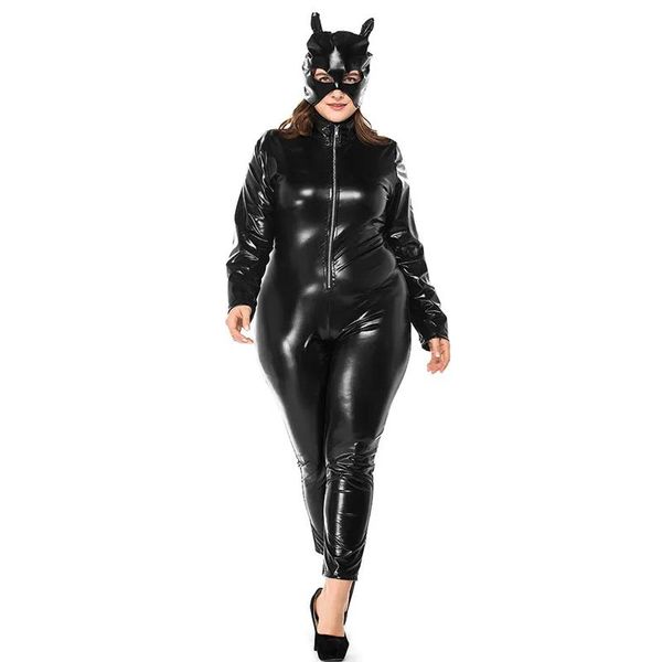 Trajes Plus Size Halloween Catwoman Traje Sexy Preto Faux Couro Catsuit Front Zipper Stretch Macacão Patry Cosplay Bodysuit com Mas
