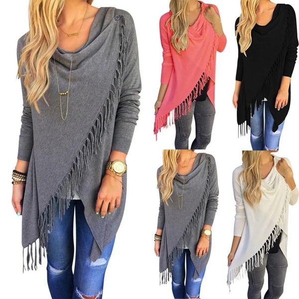 Suéteres atacado agosto feminino manga longa malha cardigan solto casual irregular poncho outwear envoltório franja novo estilo borla camisola