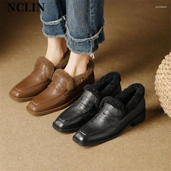 Kleid Schuhe Winter Echtes Leder Loafer Frauen Karree Für Niedrigen Absatz Pumps Vielseitige Chunky Damen