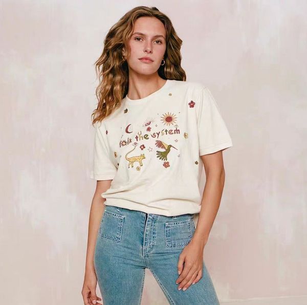 24SS New Christy Dawn Mulheres Designer Camiseta Moda Animal Bordado Tridimensional T-shirt 100% Algodão Casual Pulôver Esportes Top Mulheres Praia Tees