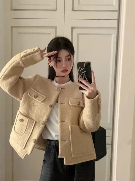 O-pescoço tweed pequeno perfume feminino topo 2023 outono moda coreana manga longa jaqueta completa casaul temperatura casaco feminino 240103