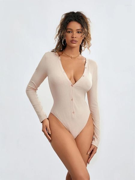 Damen-Nachtwäsche, langärmliger Body, figurbetont, gerippt, Shapewear, sexy Button-Down-Bluse
