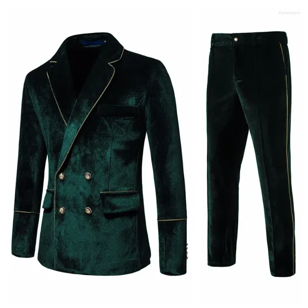 Abiti da uomo Verde scuro Uomo Tuxedo Velluto 2 pezzi Per la festa Stage Performance Finiture dorate Matrimonio Prom Banchetto Mens Set Giacca Abito Giacca sportiva