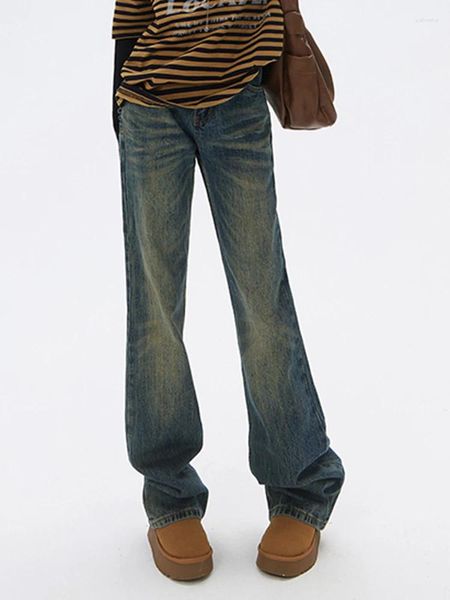 Jeans femininos azul flare mulheres jeans calças arranhadas slim cintura alta vintage streetwear comprimento total moda reta mop