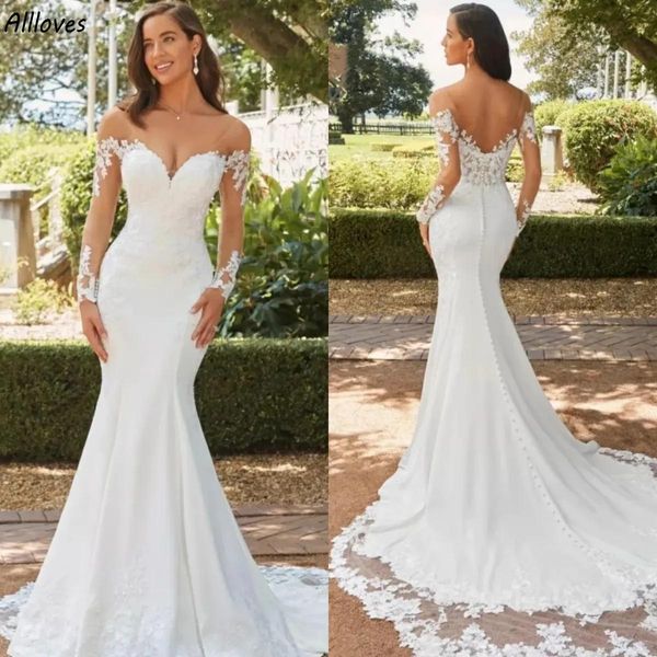 Abiti eleganti abiti da sposa da giardino in raso Boho Illusion maniche lunghe abito da sposa sexy con scollo a V con strascico di corte in pizzo applique sirena Rece