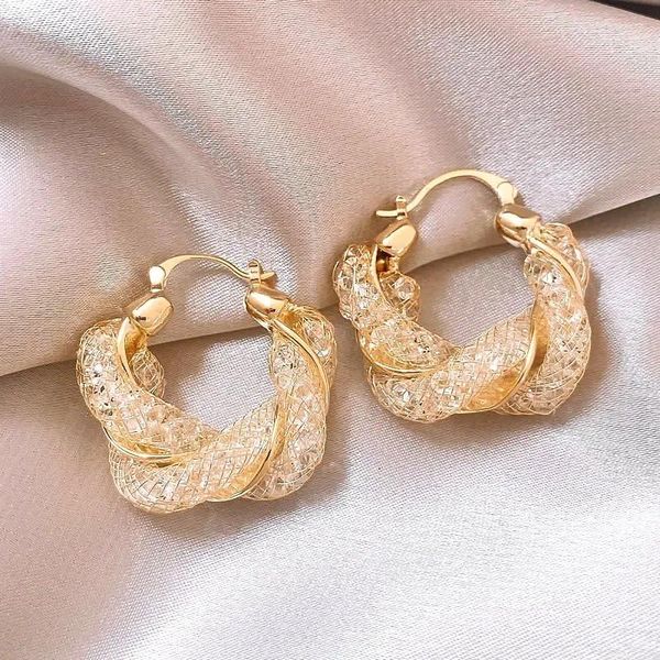 Orecchini a cerchio Design coreano Gioielli di moda Placcati in oro 14K Maglia intrecciata Accessori per feste serali da donna di lusso in cristallo