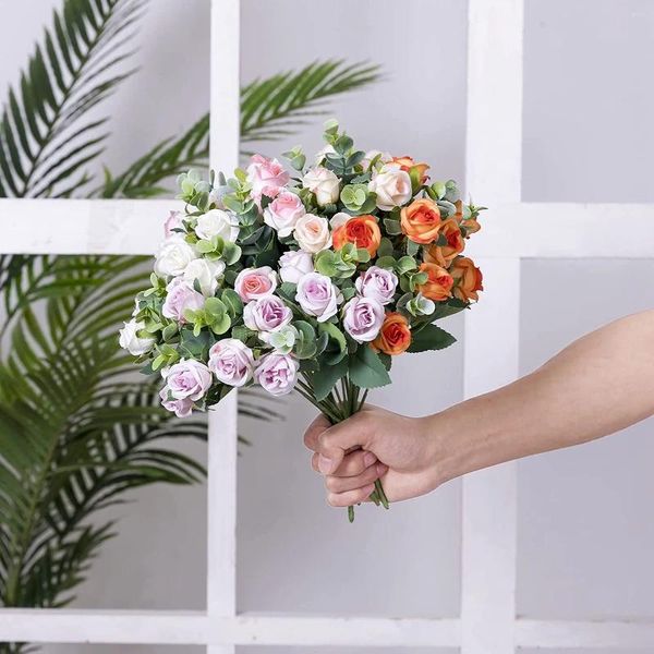 Dekorative Blumen, 11 kleine Eukalyptus-Rosen, künstlicher Blumenstrauß, Orange, Rosa, hochwertige Kunststoff-Fälschung für Braut, Hochzeit, Heimdekoration