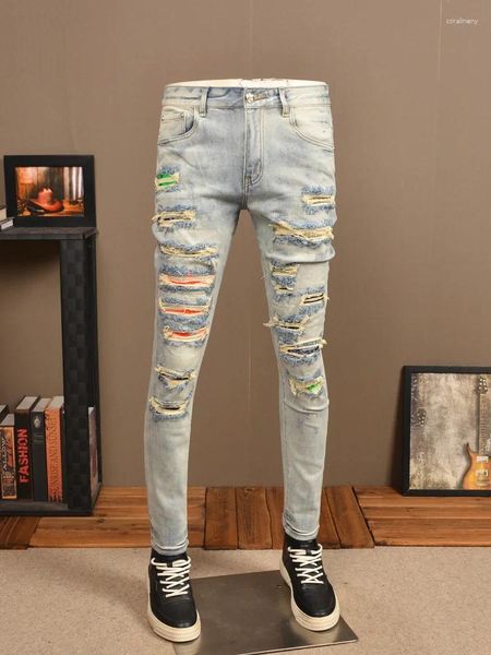 Мужские джинсы в стиле ретро, светлые, с отверстиями, индивидуальные, модные, эластичные, тонкие, с принтом, с нашивкой, зауженные брюки