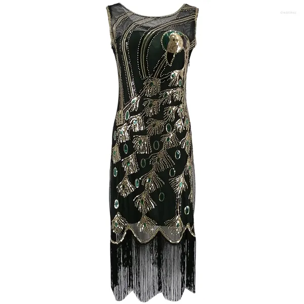 Повседневные платья 1920-х годов, винтажное вечернее платье-хлопушка с павлиньими блестками и бахромой, с круглым вырезом, ревущие 20-е годы, вечерние габстерские костюмы «Великий Гэтсби»