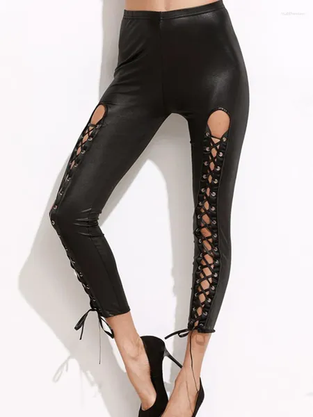 Frauen Leggings Lace Up Loch Sexy Frauen PU Leder Leggins Schwarz Dünne Punk Hosen Streetwear Mujer