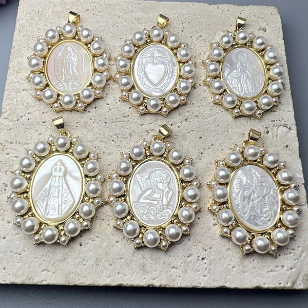 Medalla ovalada, colgantes de Guadalupe de la Virgen María, perlas naturales para mujer, concha de nácar, colgantes de corazón sagrado para fabricación de joyas, collar 240102