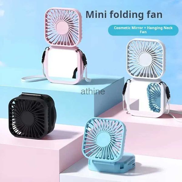 Ventiladores elétricos portáteis de bolso ventiladores de pescoço pendurados mini ventilador de mesa com espelho carga USB embutido bateria recarregável de 500mAh 180 YQ240104