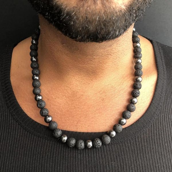 Anelli Collana in ematite Collana da uomo con perline per lui Collana in pietra lavica nera Gioielli regalo per fidanzato Collana nera