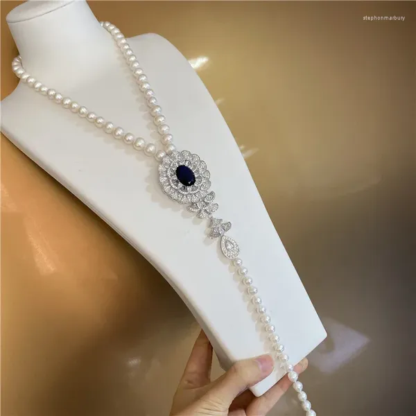 Ketten Damen Modeschmuck Mikro-Intarsien-Zirkon-Zubehör 8–9 mm weiße Süßwasserperlen-Halskette Pulloverkette 47 25 cm lang