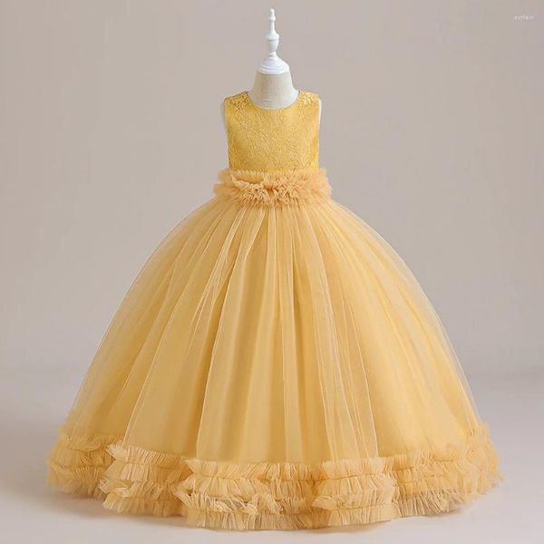 Mädchenkleider 2024 Blumenkleid Langer Rock Mädchen Hochzeit Gesticktes Netz Prinzessin Tutu Kinder