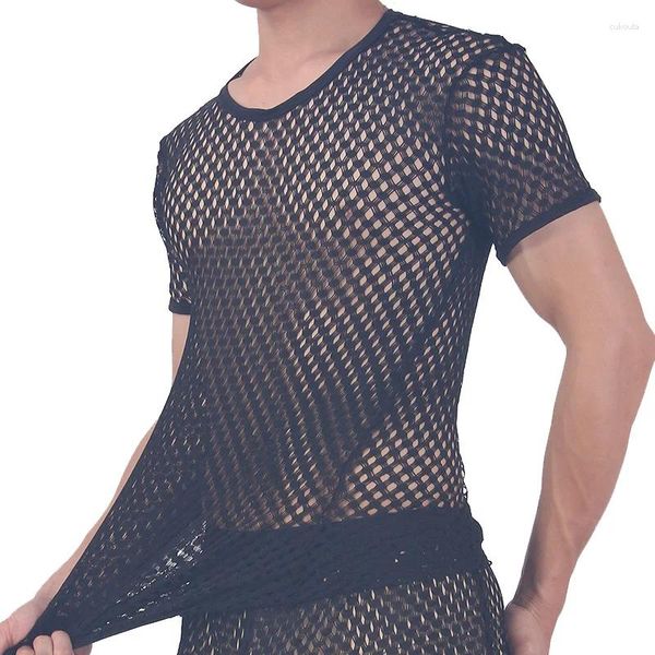 Homens camisetas Sexy homens malha ver através de t-shirt fishnet oco clubwear streetwear masculino manga curta top undershirt tops tee