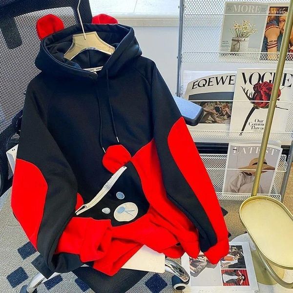 Hoodies femininos plus size design cor combinando urso com capuz bonito camisola menina y2k grosso solto idade-reduzindo casaco de vento preguiçoso no outono e