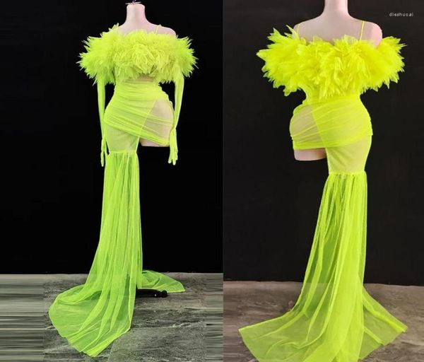 Palco desgaste verde malha vestido de flor sexy transparente longo trem traje aniversário baile celebrar roupa noite dj dança mostrar vestir 7918534