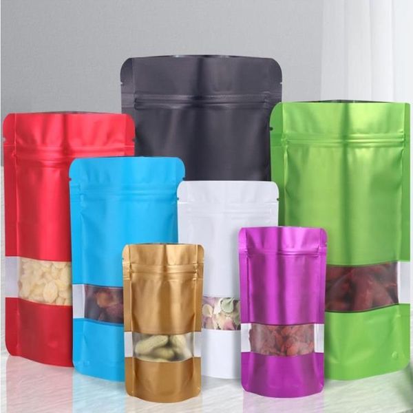 10x15cm Fornecimento de festa Stand Up Zipper Lock Mylar Bags Janela transparente fosca para Zip Saco de folha de alumínio Bloqueio de lanches Pacote de armazenamento Bolsas Ujeib