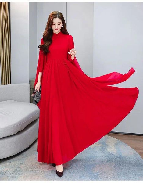 Lässige Kleider Rotes Strandkleid Sommerkleidung für Frauen Abend Maxi Mode Elegant Weiß Chiffon Langarm Rosa Prom Hochzeit