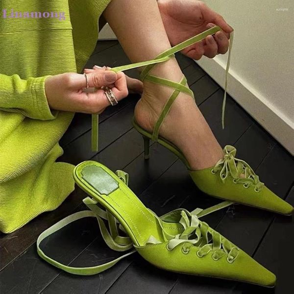 Модельные туфли, зеленые туфли-лодочки на тонком высоком каблуке с перекрестной завязкой для женщин и женщин, пикантные элегантные туфли с острым носком, модные вечерние девушки на мелком каблуке