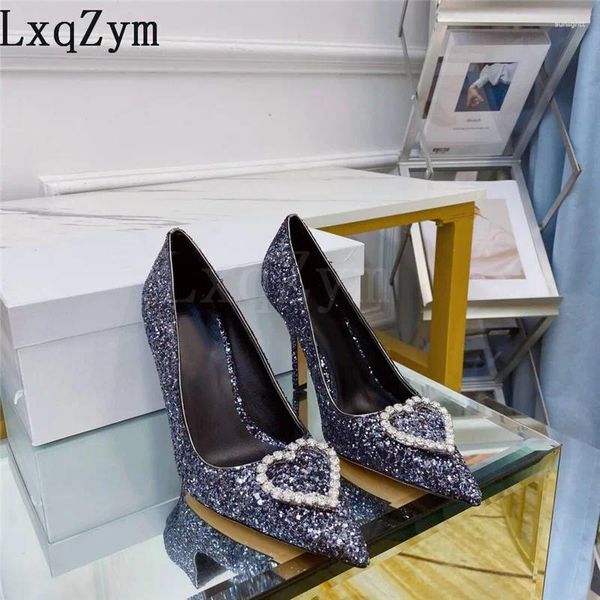 Scarpe eleganti Argento con paillettes Strass a forma di cuore Decor Donna Punta a punta Tacchi alti in cristallo Décolleté da donna di lusso Festa sexy