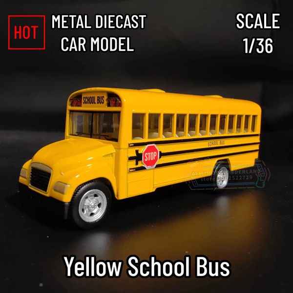 1 36 Giallo Scuola Bus Replica Modello di auto in metallo Scala Diecast Veicolo Collezione Home Interior Decor Regalo Kid Boy Toy 240104