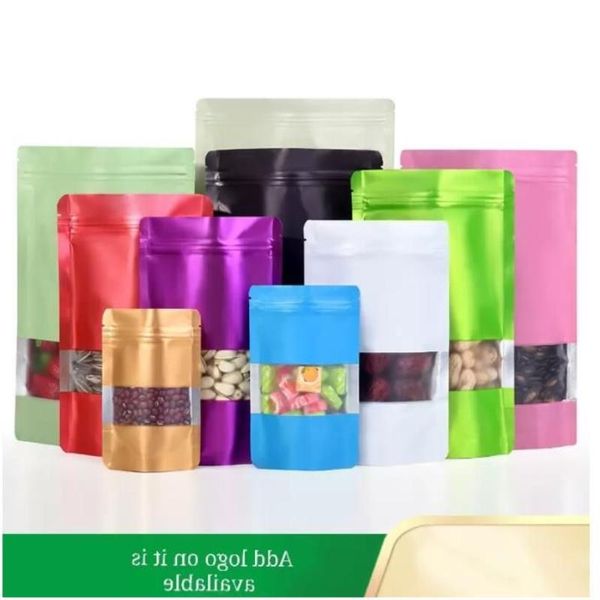 Stand Matte Zip Lock Plusieurs tailles et couleurs Emballage alimentaire Mylar Sacs avec fenêtre transparente sur le devant 100pcs Sacs d'emballage Dfxuo