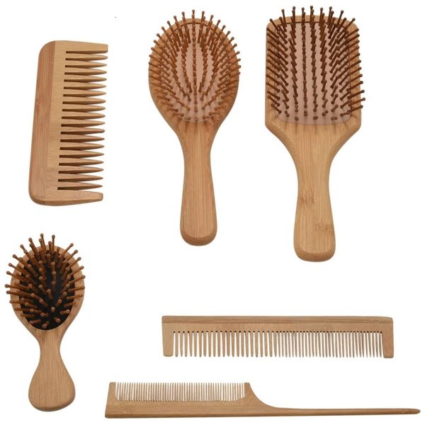 6 pc/set pente de madeira saudável paddle almofada perda de cabelo massagem escova pente couro cabeludo cuidados com o cabelo saudável pente de bambu 240104