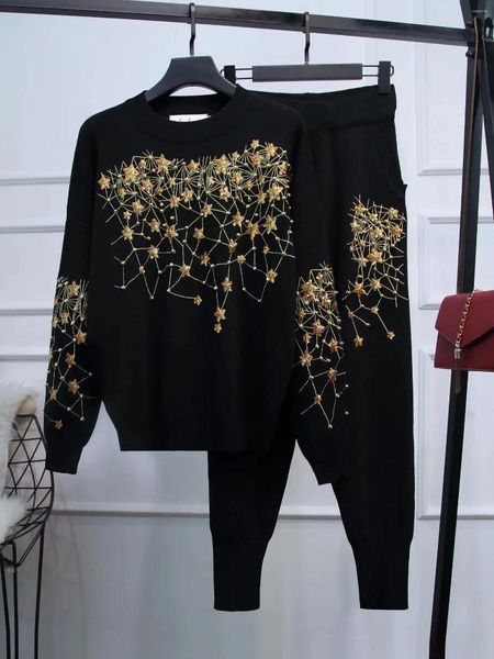 Женские брюки из двух предметов, модные теплые вязаные костюмы с аппликациями из бисера, женские свитера с вышивкой и блестками и цветами, комплекты брюк Wy1786