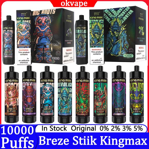 Original Breze Stiik Kingmax 10000 Puffs Cigarros Eletrônicos Vape Puff Descartável 10k 0% 1% 20ML Pod Malha Bobina 850mAh Bateria Caneta Recarregável