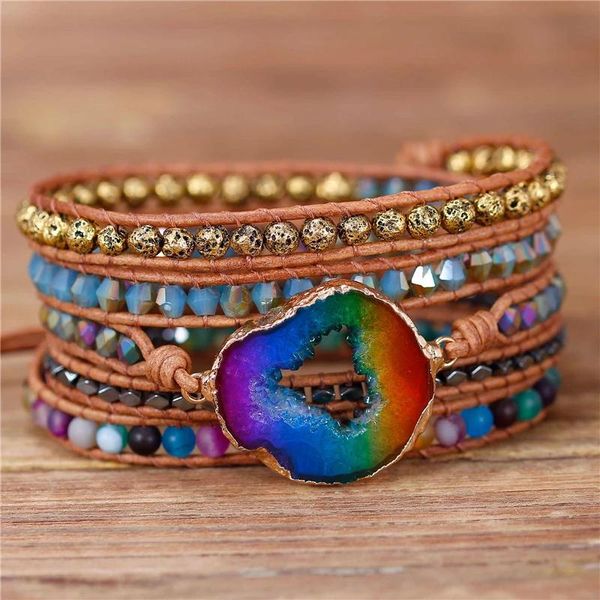 Pulseira de pedra natural boho 5 wraps multi cor druzy charme grânulos envoltório pulseira de couro de pedra preciosa amizade jóias atacado