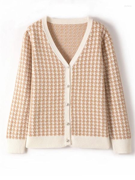 Suéteres femininos grossos mulheres 100 merino lã suéter outono inverno houndstooth malha cardigan solto fundo cashmere roupas tops