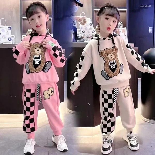 Kledingsets Sweatshirt met capuchon Meisjes 2-delige print Beer Pullover Tops Lange mouw Kinderoutfit Casual joggerbroek Kinderen Ensemble 4-14