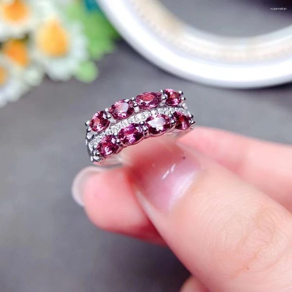 Anéis de cluster Meibapj Natural Red Garnet Gemstone Moda Dupla Linha Anel para Mulheres Real 925 Sterling Silver Charme Fine Wedding Jewelry