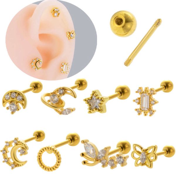 Helix Flower Moon Star Charms Barbell Ball Brinco Studs Brincos cirúrgicos de aço inoxidável Bling Cubic Zirconia Pentagram Butterfly Piercing Body Jewelry Bijoux