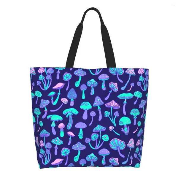 Sacos de compras Kawaii Magic Mushrooms Tote Reutilizável Supermercado Canvas Ombro Shopper Bag