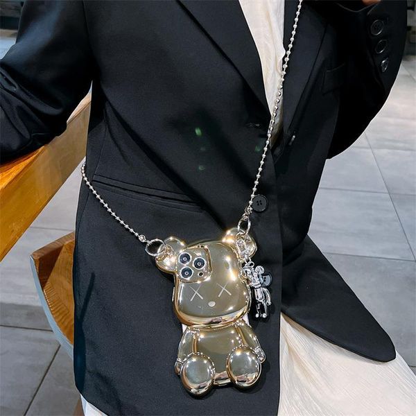 Чехол для мобильного телефона с ремешками, 3D гальванический чехол для телефона с милым медведем для IPhone 11, 12, 13, 14, 15 Pro Max, противоударный защитный силиконовый чехол