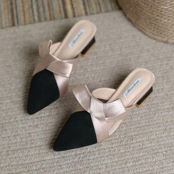 Pantofole Sandali Novità 2024 Designer Luxury Party Bow Elegante tacco medio Moda Estate Ciabatte da donna Scarpe da donna Nero