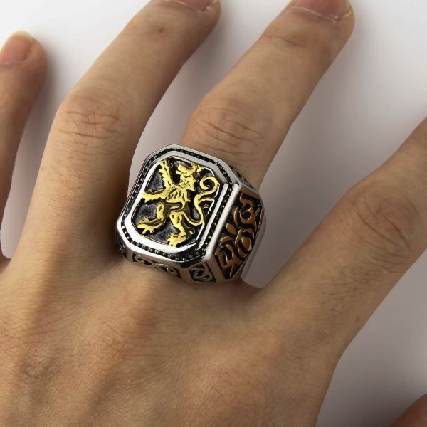 Nova chegada anel de leão punk 14k ouro branco flor sólida anel vintage grande para homens legal anéis de animais jóias tamanho dos eua