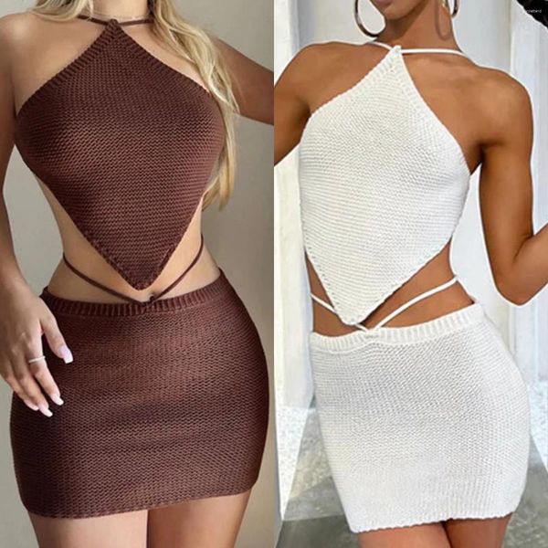 Vestidos Casuais 2 PCS Beach Bikini Set Tricô Saias Top Crochet Bohemia Y2K Off Ombro Oco Sexy Outfits Umbigo Exposto Mulheres Outfit