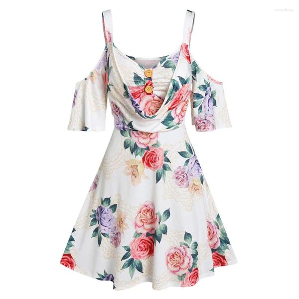 Freizeitkleider Rose Floral Faux Twinset Vintage Blumendruck Kaltschulteriges 2-in-1-Minikleid in A-Linie für Damen