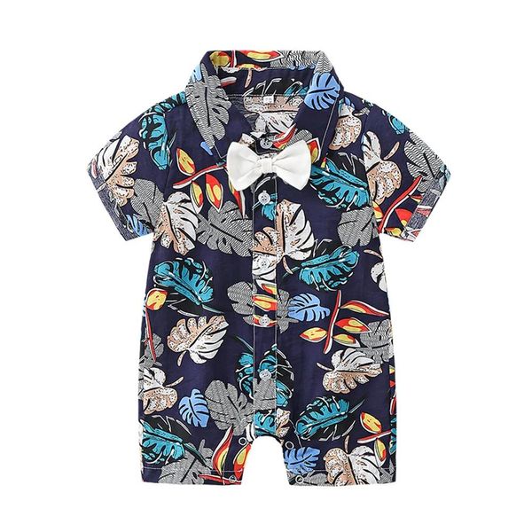 Rompers Ins Bebek Erkekler Yaz Romper Toddler Yaprak Tulum Moda Hawaii Tarz Baskılı Bow Tie Kısa Kollu Çocuk Gündelik Onesie Y1706