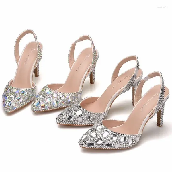 Scarpe eleganti Sandali da donna Festa di nozze Banchetto PU Strass Cinturino con fibbia 9CM Tacchi alti sottili Sandalo a punta Taglia 35-42