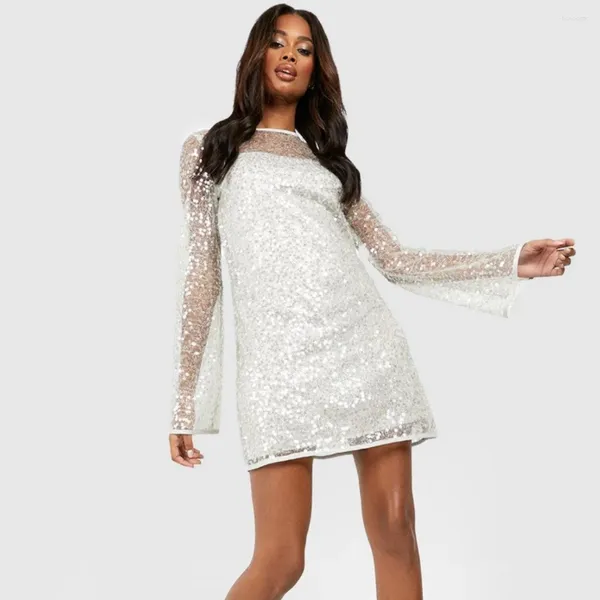 Abiti casual da donna con paillettes scintillanti miniabito con scollo quadrato incrociato con lacci senza schienale manica lunga club rave party cocktail