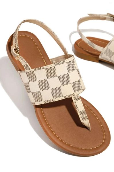 Sandálias verão moda feminina plana redonda dedo do pé fivela cinta sandalias cortadas padrão xadrez zapatos casuais senhoras sapatos