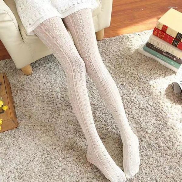 Mulheres meias rendas de malha algodão collants meninas outono inverno oco para fora meias listradas feminino sólido lolita meia-calça roupas góticas