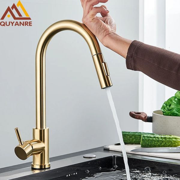 Gebürstetes Gold Touch Sensor Küchenarmaturen Sensitive Smart Touch Control Wasserhahn Mischbatterie Touch Sensor Smart Kitchen Taps 240103