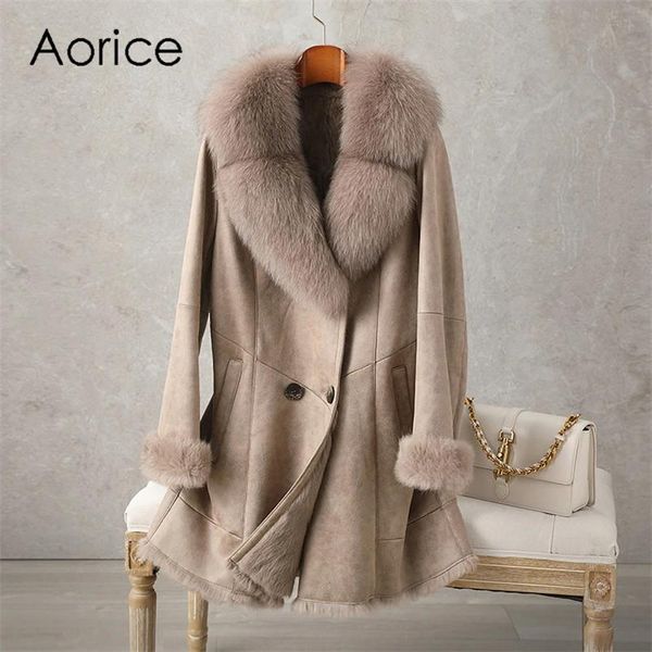 Pele aorice mulheres real coelho couro com casaco de pele jaqueta nova marca feminina inverno gola raposa trench parka ct189